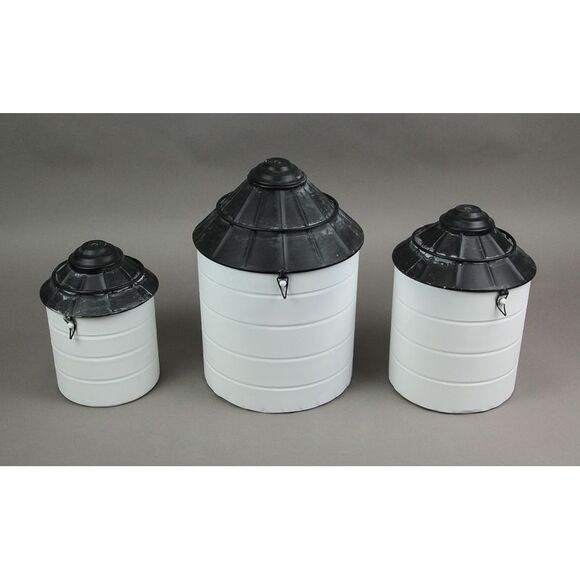 Set of 3 Black and White Vintage Farmhouse Tin Silo Canisters - Picture 2 of 3